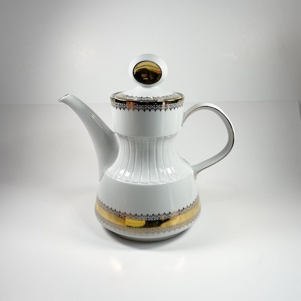 Vtg German porcelain coffee tea pot Trischenreuth Bavaria Gold Decoration damage